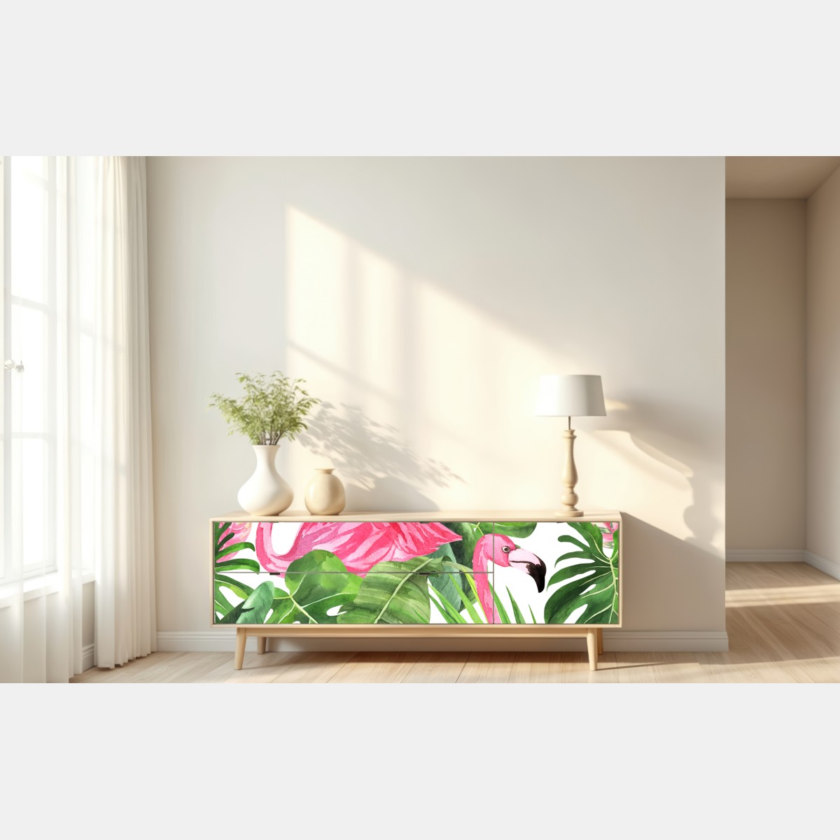 Naklejka repozycjonowalna różowe flamingi tropikalny wzór akwarelowy – Wallissimo® Naklejka repozycjonowalna różowe flamingi tropikalny wzór akwarelowy – Wallissimo®