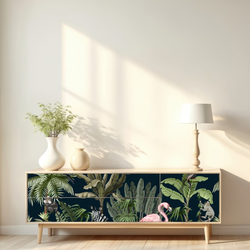 Naklejka repozycjonowalna tropikalna scena dżungli z dziką fauną – Wallissimo® Naklejka repozycjonowalna tropikalna scena dżungli z dziką fauną – Wallissimo®