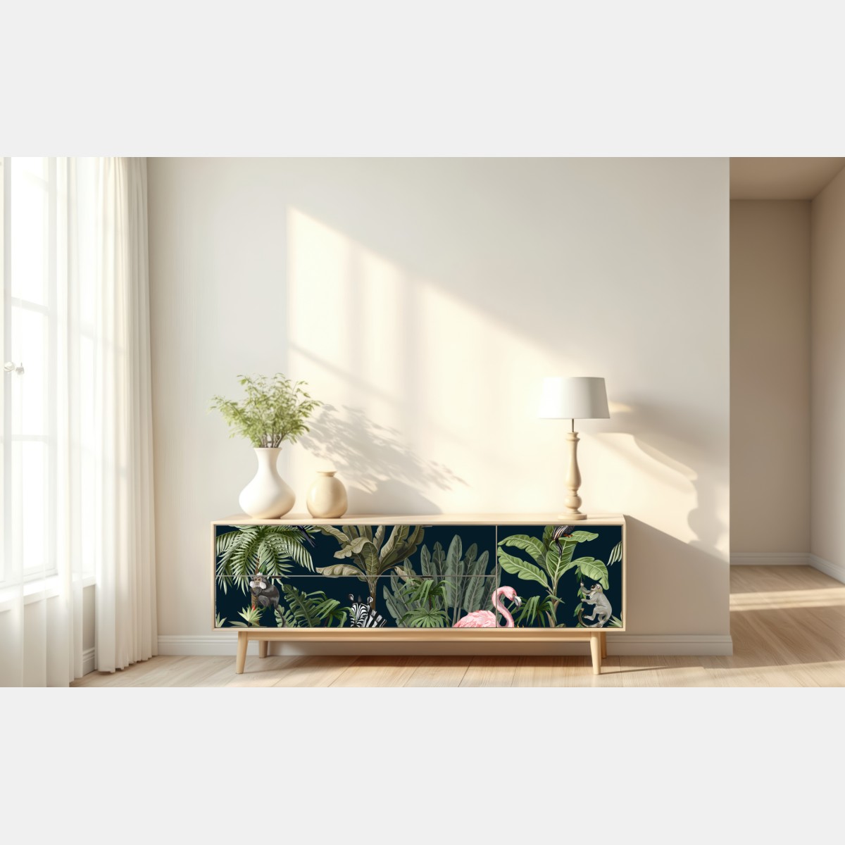 Naklejka repozycjonowalna tropikalna scena dżungli z dziką fauną – Wallissimo® Naklejka repozycjonowalna tropikalna scena dżungli z dziką fauną – Wallissimo®