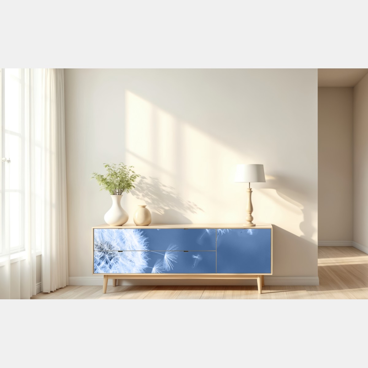 Naklejka repozycjonowalna delikatne nasiona dmuchawca w odcieniach niebieskiego – Wallissimo® Naklejka repozycjonowalna delikatne nasiona dmuchawca w odcieniach niebieskiego – Wallissimo®