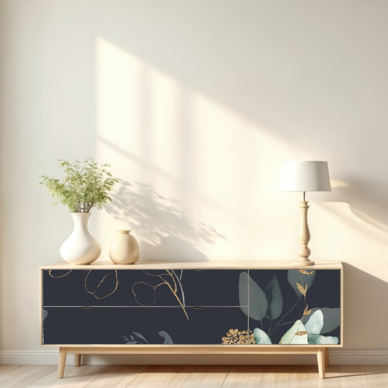 Naklejka repozycjonowalna eukaliptusowe liście akwarelowe na ciemnym tle – Wallissimo® Naklejka repozycjonowalna eukaliptusowe liście akwarelowe na ciemnym tle – Wallissimo®