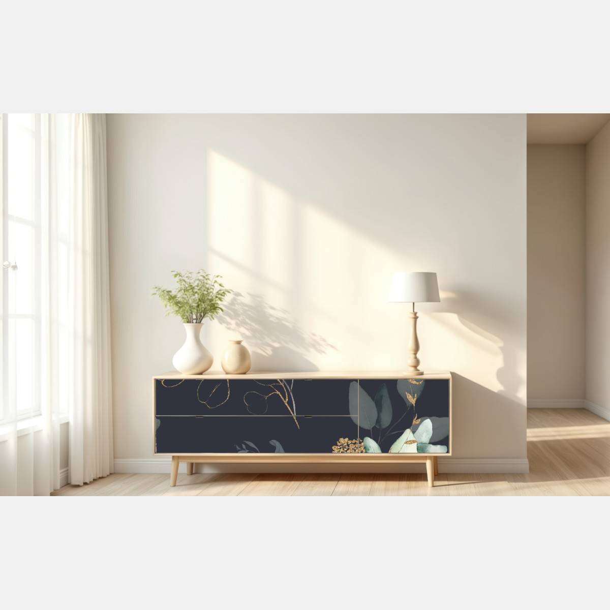 Naklejka repozycjonowalna eukaliptusowe liście akwarelowe na ciemnym tle – Wallissimo® Naklejka repozycjonowalna eukaliptusowe liście akwarelowe na ciemnym tle – Wallissimo®