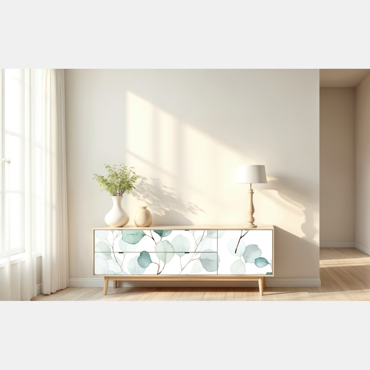 Naklejka repozycjonowalna delikatny wzór liści eukaliptusa w akwareli – Wallissimo® Naklejka repozycjonowalna delikatny wzór liści eukaliptusa w akwareli – Wallissimo®