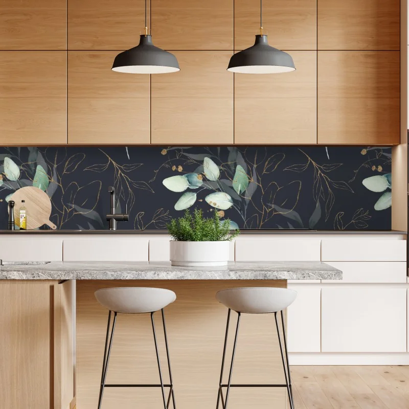 Naklejka repozycjonowalna akwarelowe liście eukaliptusa na ciemnym tle – Wallissimo® Naklejka repozycjonowalna akwarelowe liście eukaliptusa na ciemnym tle – Wallissimo®