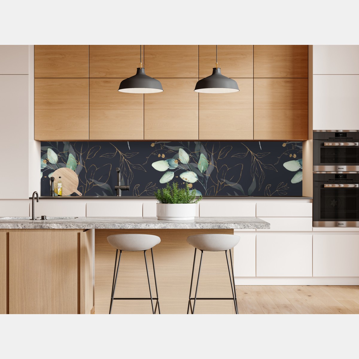 Naklejka repozycjonowalna akwarelowe liście eukaliptusa na ciemnym tle – Wallissimo® Naklejka repozycjonowalna akwarelowe liście eukaliptusa na ciemnym tle – Wallissimo®