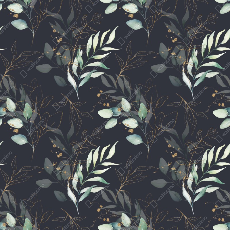 Naklejka repozycjonowalna akwarelowe liście eukaliptusa na ciemnym tle – Wallissimo® Naklejka repozycjonowalna akwarelowe liście eukaliptusa na ciemnym tle – Wallissimo®