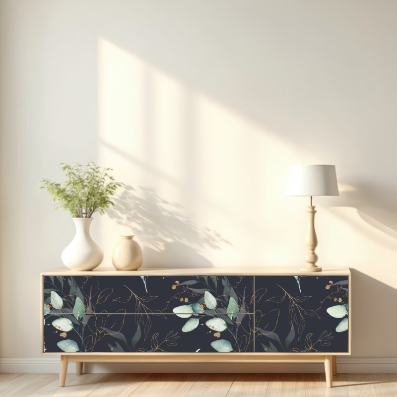 Naklejka repozycjonowalna akwarelowe liście eukaliptusa na ciemnym tle – Wallissimo® Naklejka repozycjonowalna akwarelowe liście eukaliptusa na ciemnym tle – Wallissimo®