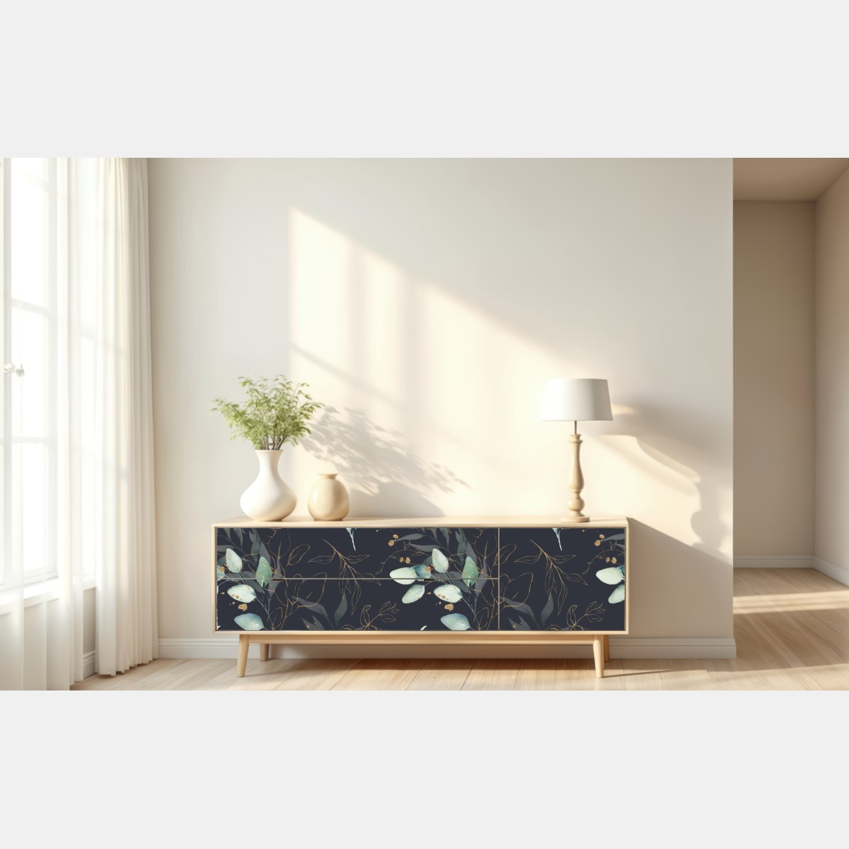 Naklejka repozycjonowalna akwarelowe liście eukaliptusa na ciemnym tle – Wallissimo® Naklejka repozycjonowalna akwarelowe liście eukaliptusa na ciemnym tle – Wallissimo®