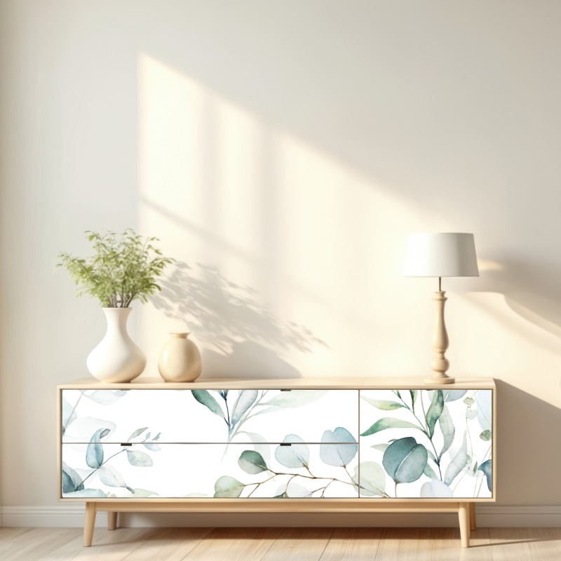 Naklejka repozycjonowalna akwarelowy wzór eukaliptusa i liści – Wallissimo® Naklejka repozycjonowalna akwarelowy wzór eukaliptusa i liści – Wallissimo®