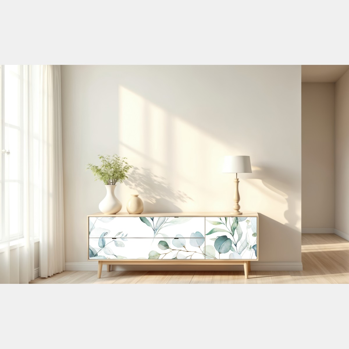 Naklejka repozycjonowalna akwarelowy wzór eukaliptusa i liści – Wallissimo® Naklejka repozycjonowalna akwarelowy wzór eukaliptusa i liści – Wallissimo®