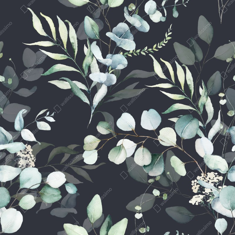 Naklejka repozycjonowalna wzór botaniczny eukaliptusa w akwareli na ciemnym tle – Wallissimo® Naklejka repozycjonowalna wzór botaniczny eukaliptusa w akwareli na ciemnym tle – Wallissimo®
