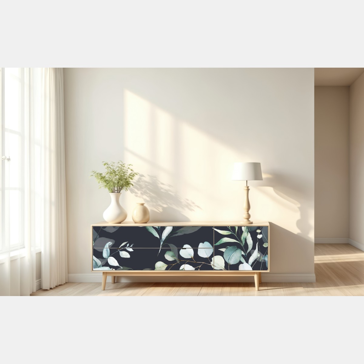 Naklejka repozycjonowalna wzór botaniczny eukaliptusa w akwareli na ciemnym tle – Wallissimo® Naklejka repozycjonowalna wzór botaniczny eukaliptusa w akwareli na ciemnym tle – Wallissimo®