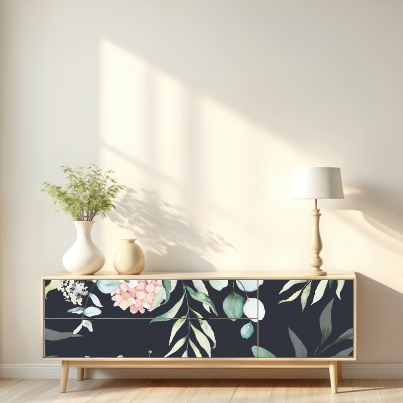 Naklejka repozycjonowalna elegancki akwarelowy wzór kwiatowy na ciemnym tle – Wallissimo® Naklejka repozycjonowalna elegancki akwarelowy wzór kwiatowy na ciemnym tle – Wallissimo®