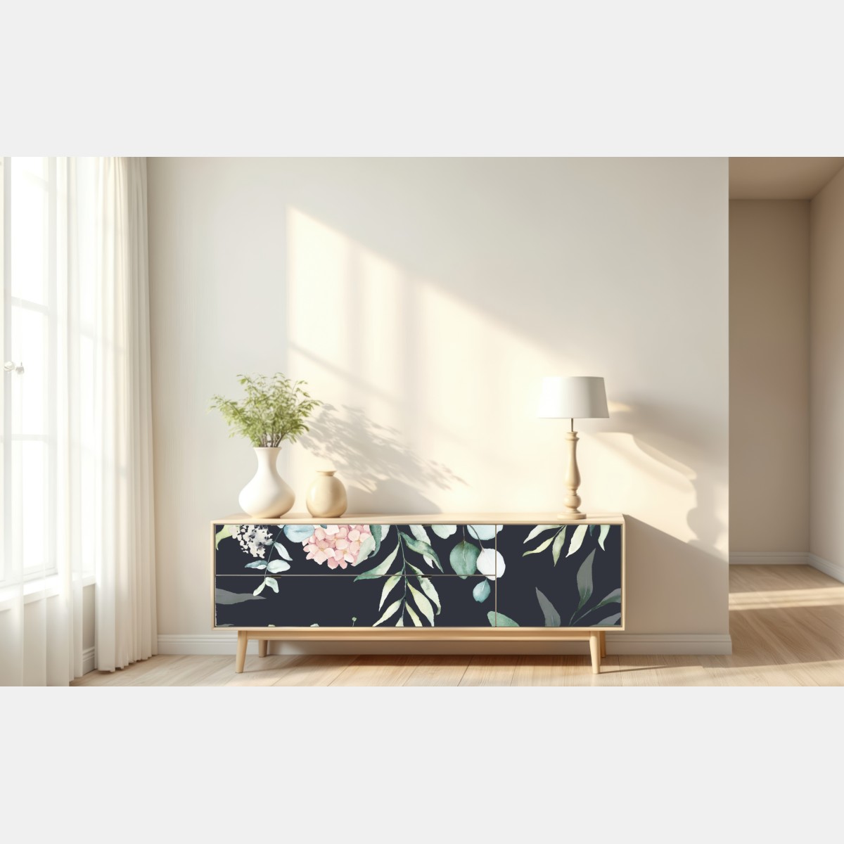 Naklejka repozycjonowalna elegancki akwarelowy wzór kwiatowy na ciemnym tle – Wallissimo® Naklejka repozycjonowalna elegancki akwarelowy wzór kwiatowy na ciemnym tle – Wallissimo®