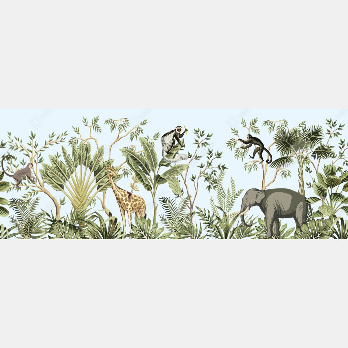 Naklejka repozycjonowalna tropikalna dżungla ze zwierzętami – Wallissimo® Naklejka repozycjonowalna tropikalna dżungla ze zwierzętami – Wallissimo®