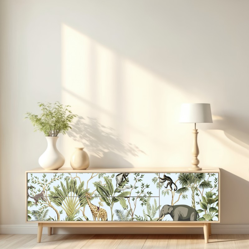 Naklejka repozycjonowalna tropikalna dżungla ze zwierzętami – Wallissimo® Naklejka repozycjonowalna tropikalna dżungla ze zwierzętami – Wallissimo®