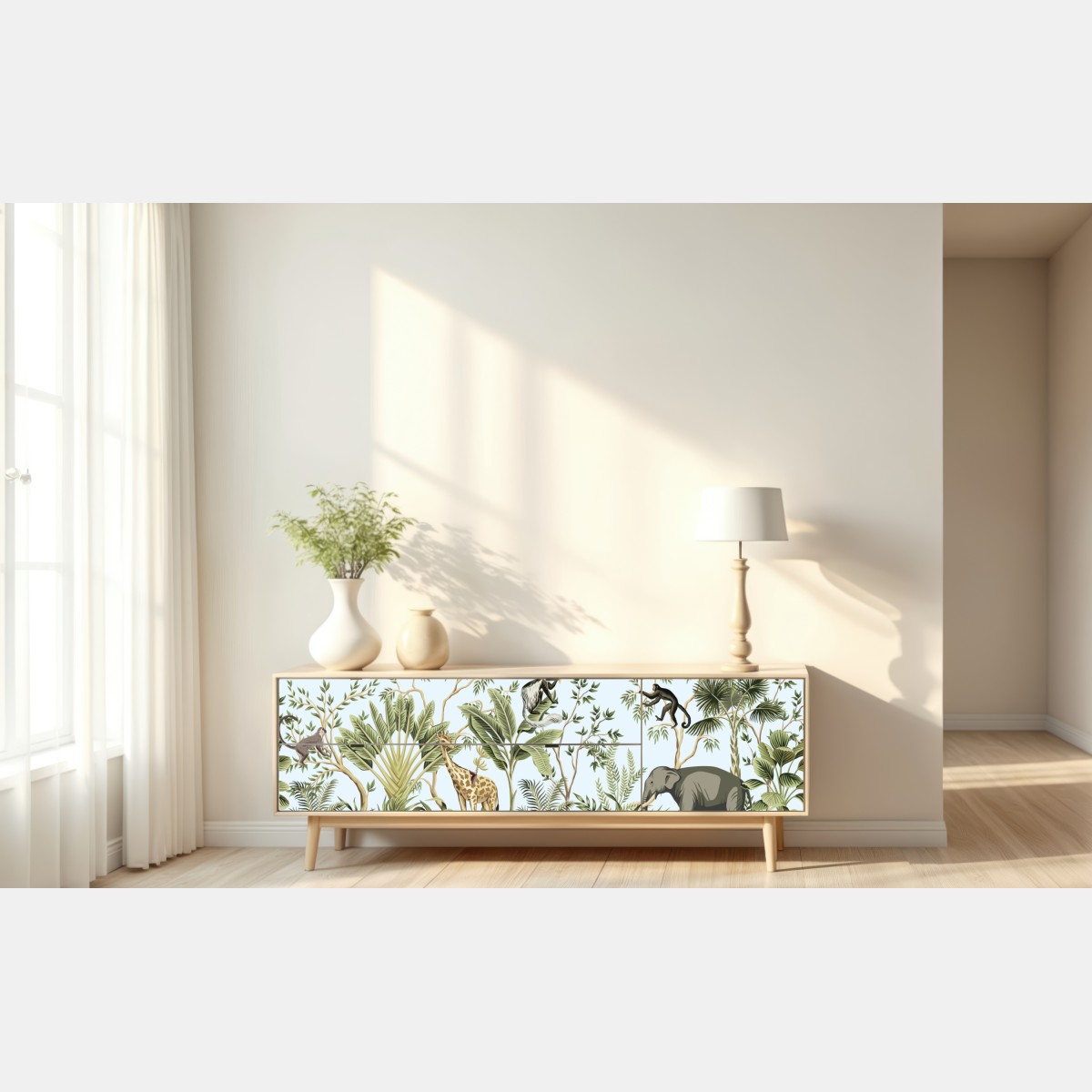 Naklejka repozycjonowalna tropikalna dżungla ze zwierzętami – Wallissimo® Naklejka repozycjonowalna tropikalna dżungla ze zwierzętami – Wallissimo®