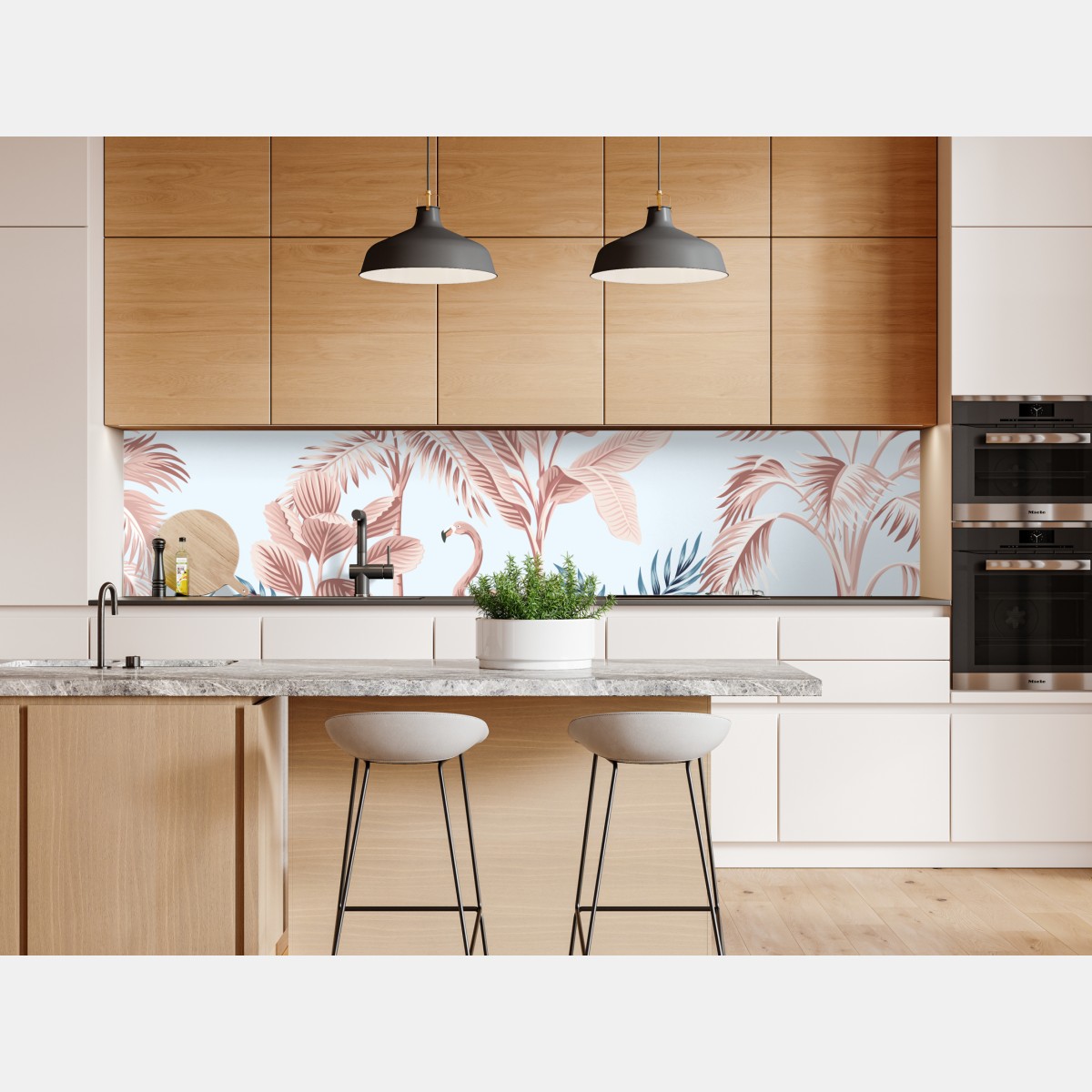 Naklejka repozycjonowalna pastelowy tropikalny ogród z flamingiem – Wallissimo® Naklejka repozycjonowalna pastelowy tropikalny ogród z flamingiem – Wallissimo®