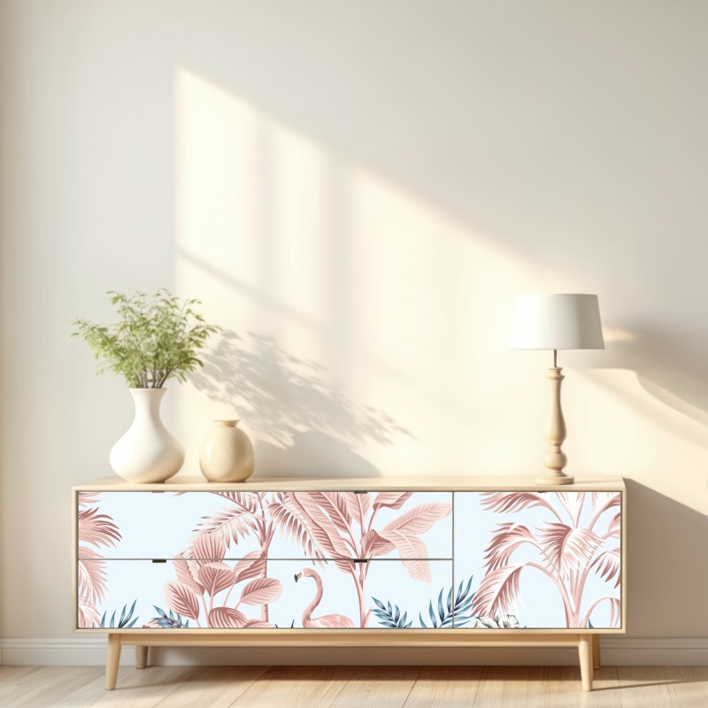 Naklejka repozycjonowalna pastelowy tropikalny ogród z flamingiem – Wallissimo® Naklejka repozycjonowalna pastelowy tropikalny ogród z flamingiem – Wallissimo®