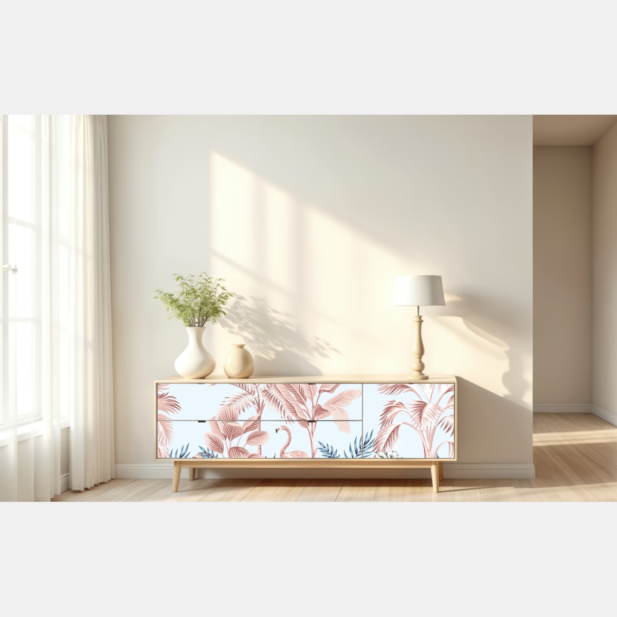 Naklejka repozycjonowalna pastelowy tropikalny ogród z flamingiem – Wallissimo® Naklejka repozycjonowalna pastelowy tropikalny ogród z flamingiem – Wallissimo®