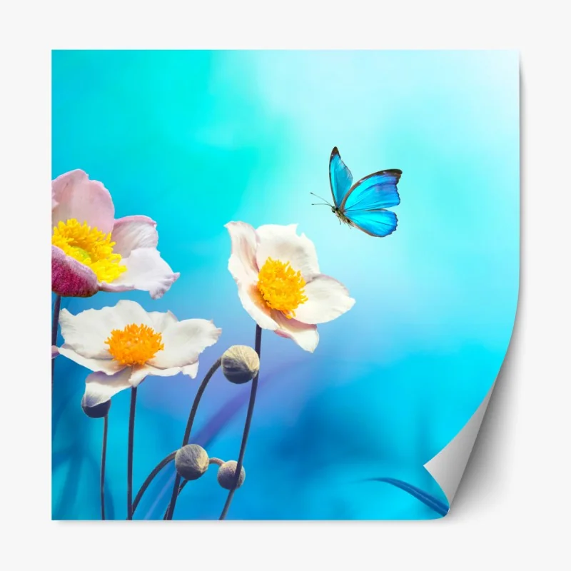 Naklejka repozycjonowalna delikatne różowe anemony i niebieski motyl