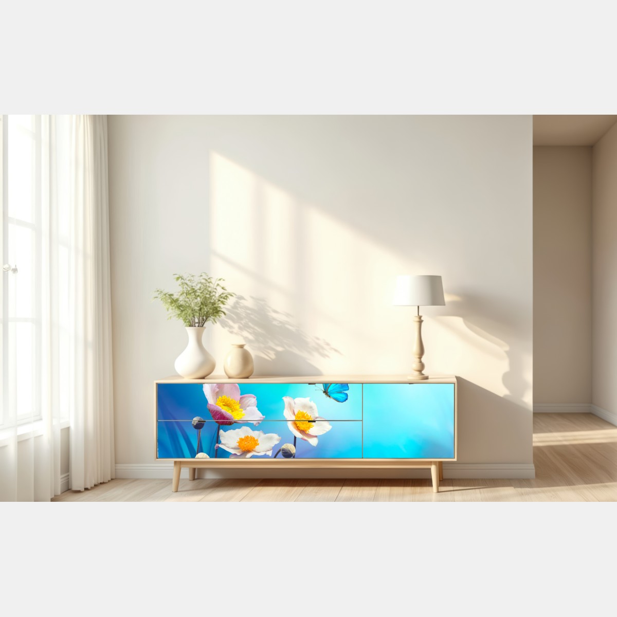 Naklejka repozycjonowalna delikatne różowe anemony i niebieski motyl – Wallissimo® Naklejka repozycjonowalna delikatne różowe anemony i niebieski motyl – Wallissimo®