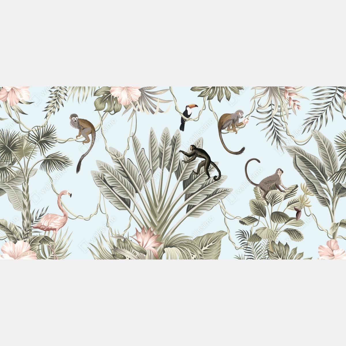 Naklejka repozycjonowalna pastelowy wzór dżungli z zwierzętami – Wallissimo® Naklejka repozycjonowalna pastelowy wzór dżungli z zwierzętami – Wallissimo®
