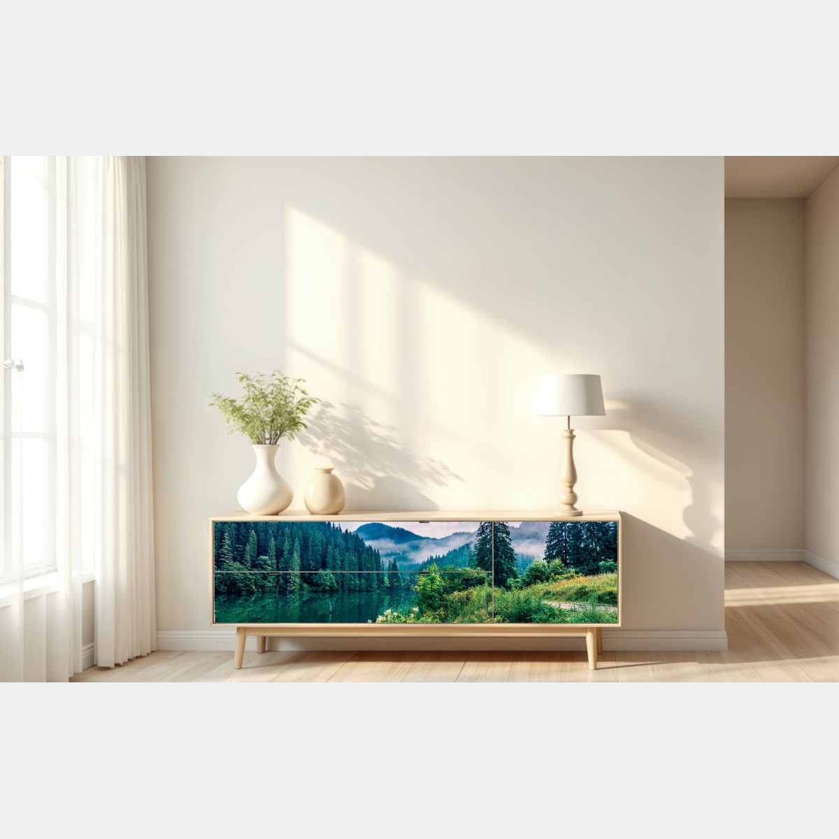 Naklejka repozycjonowalna mglisty wschód słońca nad Lacu Rosu – Wallissimo® Naklejka repozycjonowalna mglisty wschód słońca nad Lacu Rosu – Wallissimo®