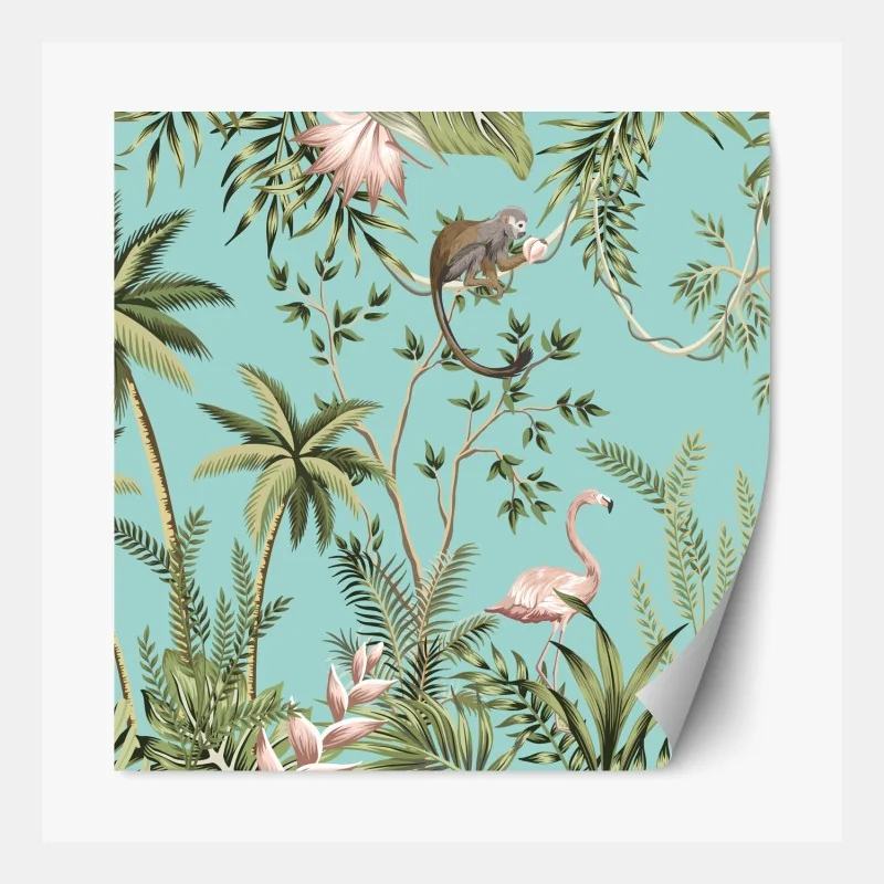 Naklejka repozycjonowalna tropikalna scena dżungli ze słoniem i flamingiem