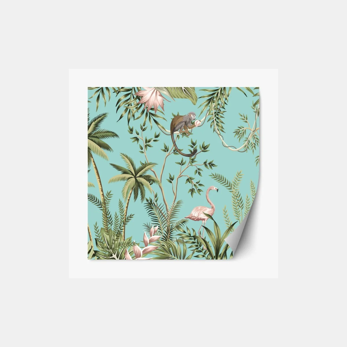Naklejka repozycjonowalna tropikalna scena dżungli ze słoniem i flamingiem – Wallissimo® Naklejka repozycjonowalna tropikalna scena dżungli ze słoniem i flamingiem – Wallissimo®