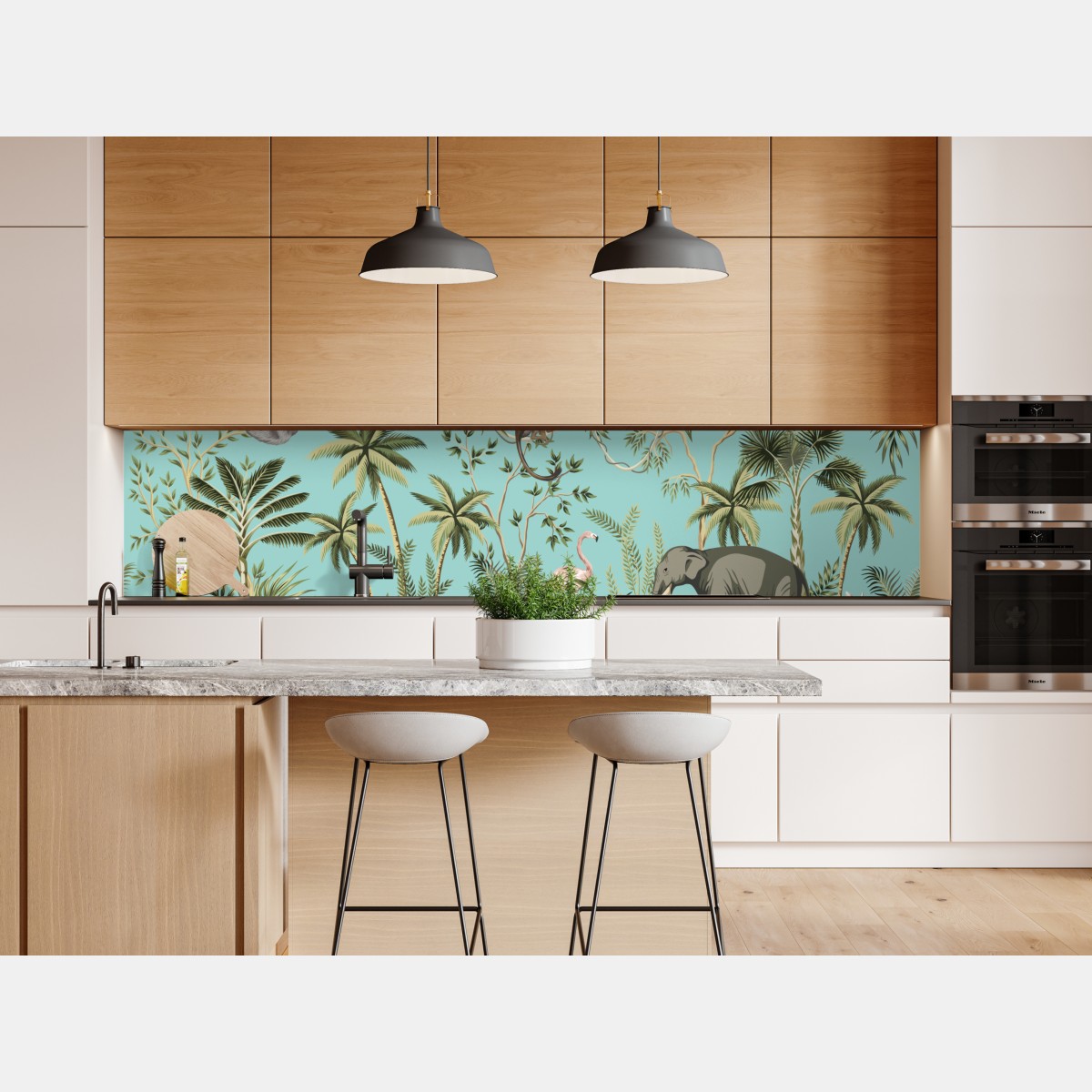 Naklejka repozycjonowalna tropikalna scena dżungli ze słoniem i flamingiem – Wallissimo® Naklejka repozycjonowalna tropikalna scena dżungli ze słoniem i flamingiem – Wallissimo®