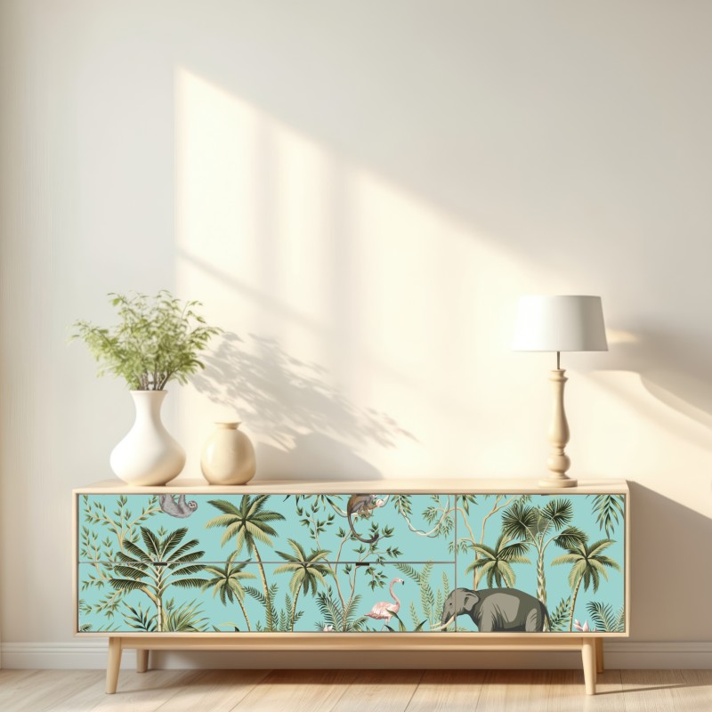 Naklejka repozycjonowalna tropikalna scena dżungli ze słoniem i flamingiem – Wallissimo® Naklejka repozycjonowalna tropikalna scena dżungli ze słoniem i flamingiem – Wallissimo®