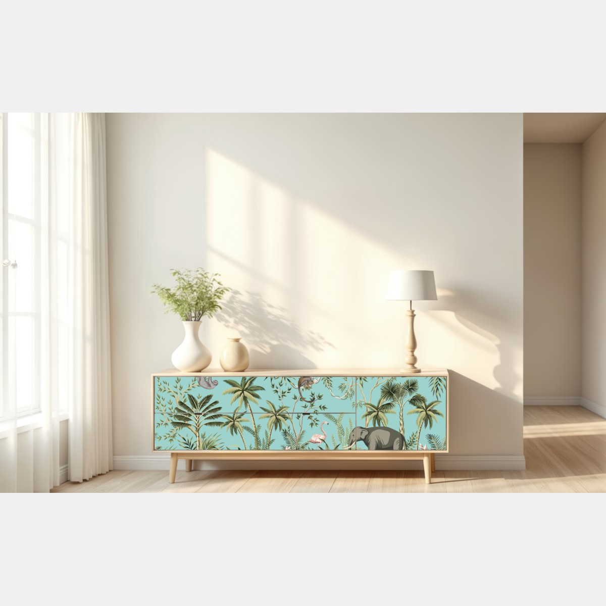 Naklejka repozycjonowalna tropikalna scena dżungli ze słoniem i flamingiem – Wallissimo® Naklejka repozycjonowalna tropikalna scena dżungli ze słoniem i flamingiem – Wallissimo®