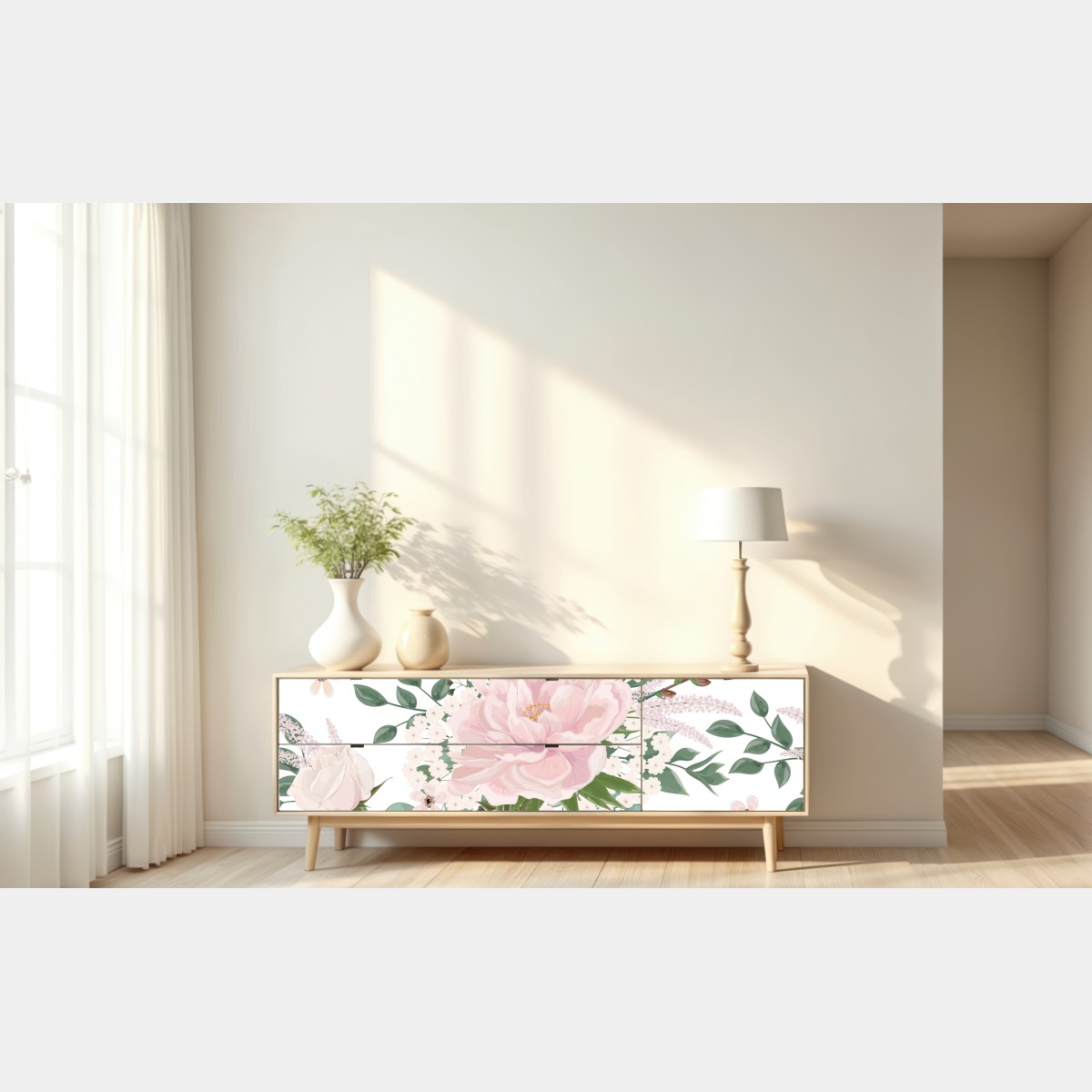 Naklejka repozycjonowalna delikatny różowy wzór peonii – Wallissimo® Naklejka repozycjonowalna delikatny różowy wzór peonii – Wallissimo®