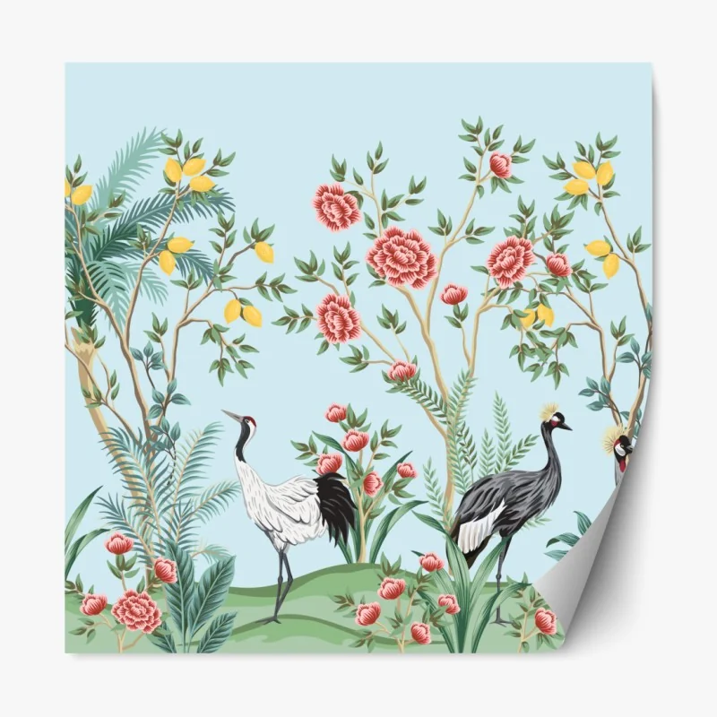 Naklejka repozycjonowalna ogród z żurawiami i kwiatami