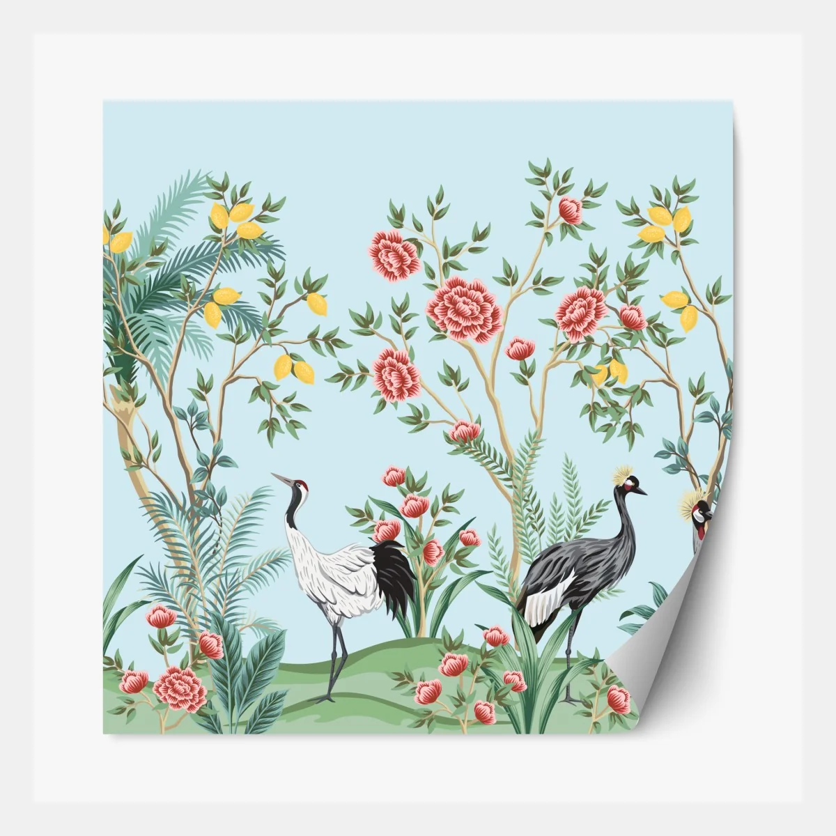 Naklejka repozycjonowalna ogród z żurawiami i kwiatami – Wallissimo® Naklejka repozycjonowalna ogród z żurawiami i kwiatami – Wallissimo®
