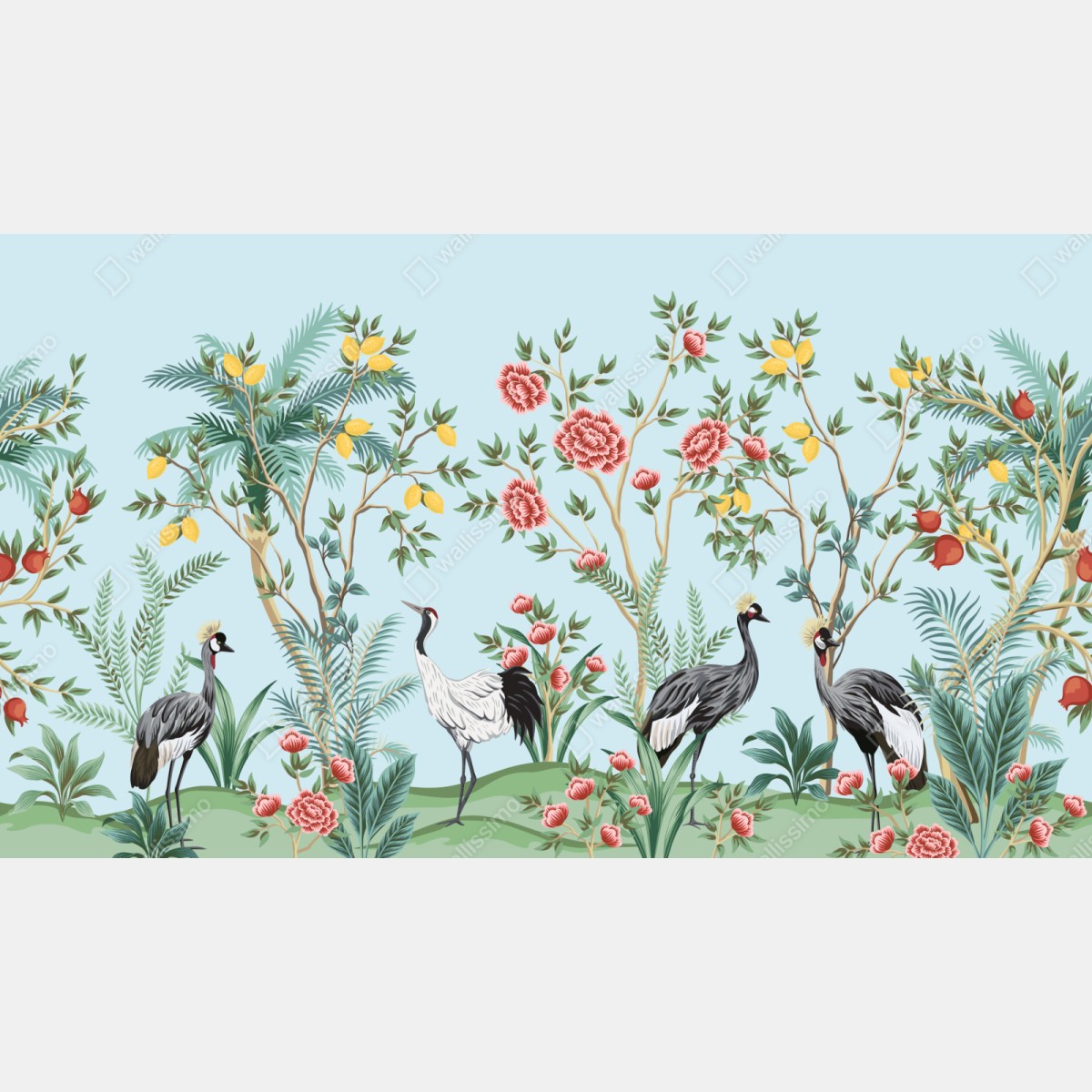 Naklejka repozycjonowalna ogród z żurawiami i kwiatami – Wallissimo® Naklejka repozycjonowalna ogród z żurawiami i kwiatami – Wallissimo®