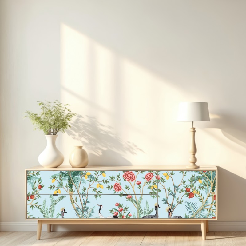 Naklejka repozycjonowalna ogród z żurawiami i kwiatami – Wallissimo® Naklejka repozycjonowalna ogród z żurawiami i kwiatami – Wallissimo®