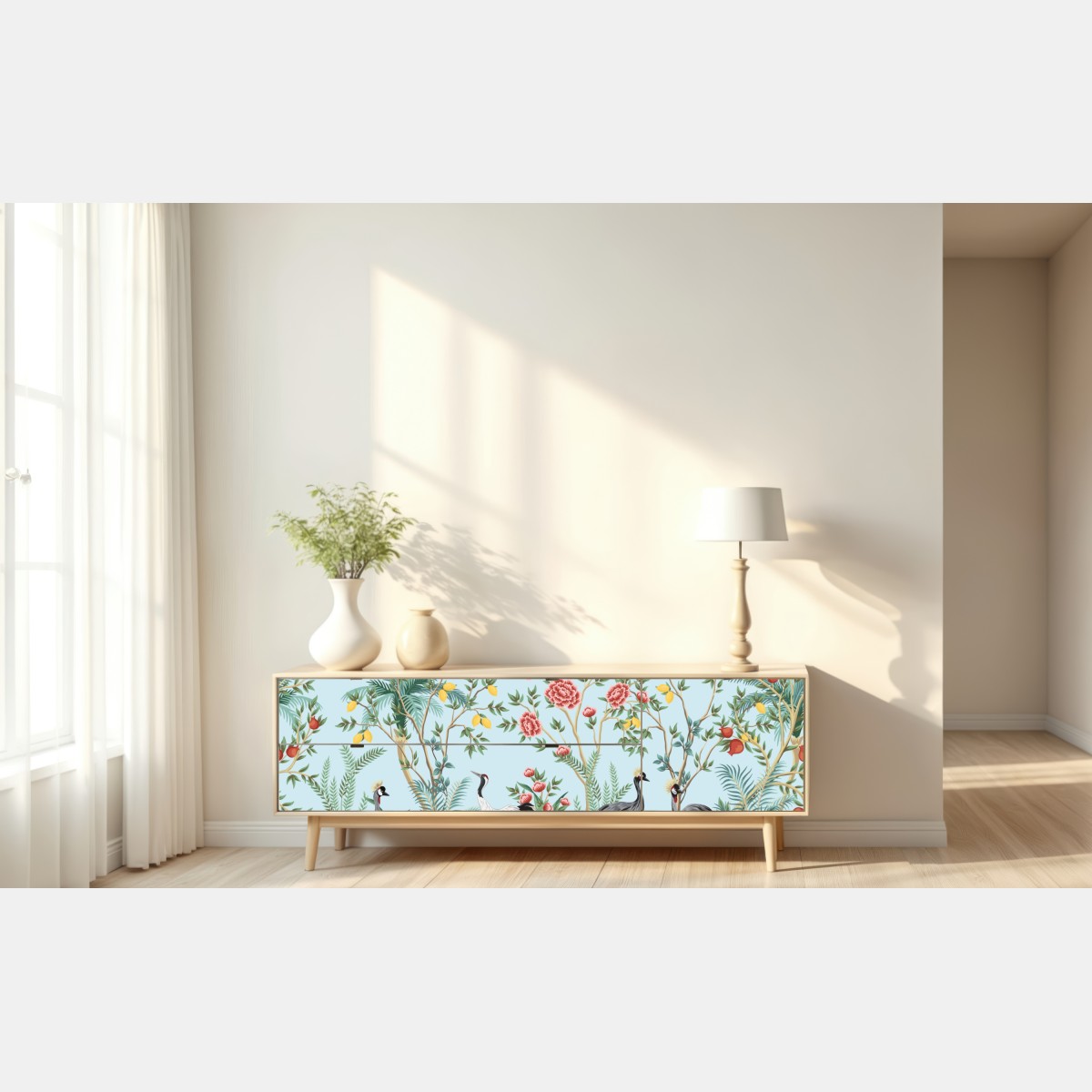 Naklejka repozycjonowalna ogród z żurawiami i kwiatami – Wallissimo® Naklejka repozycjonowalna ogród z żurawiami i kwiatami – Wallissimo®