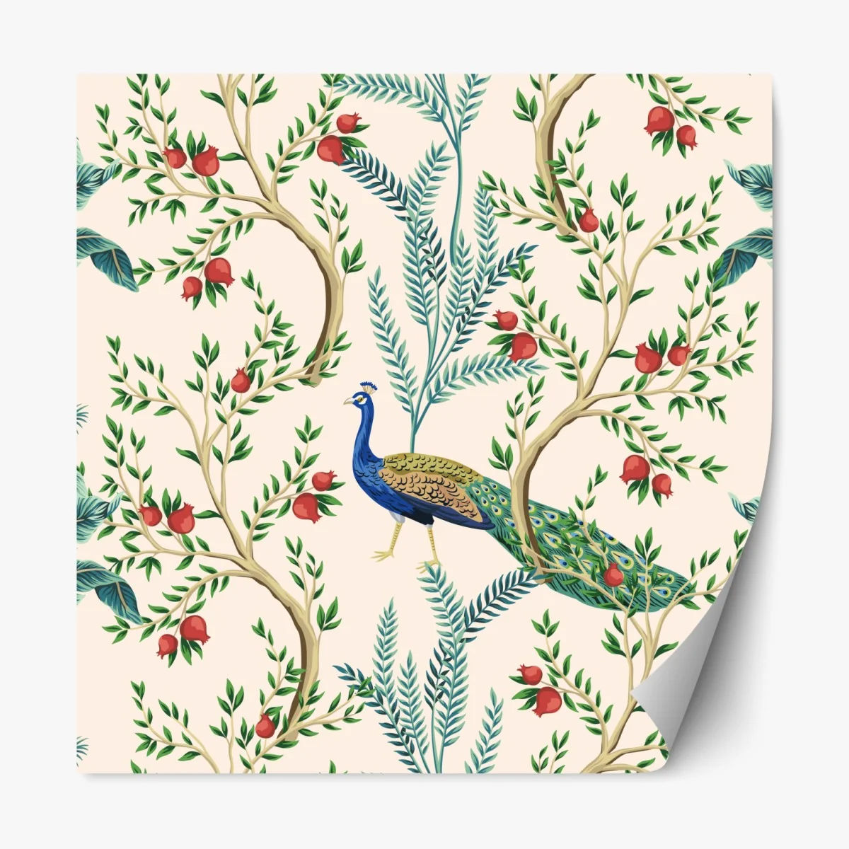 Naklejka repozycjonowalna paw wśród gałęzi granatu – Wallissimo® Naklejka repozycjonowalna paw wśród gałęzi granatu – Wallissimo®