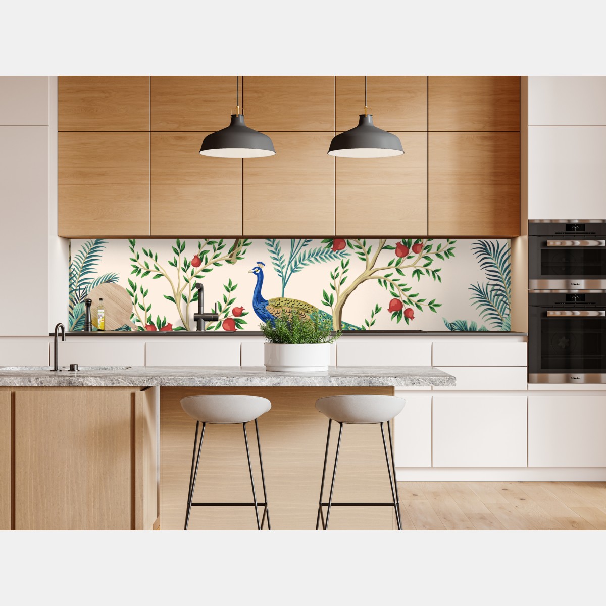 Naklejka repozycjonowalna paw wśród gałęzi granatu – Wallissimo® Naklejka repozycjonowalna paw wśród gałęzi granatu – Wallissimo®