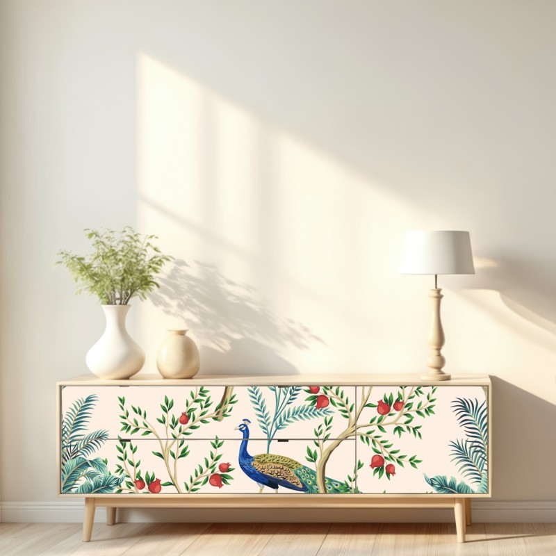 Naklejka repozycjonowalna paw wśród gałęzi granatu – Wallissimo® Naklejka repozycjonowalna paw wśród gałęzi granatu – Wallissimo®