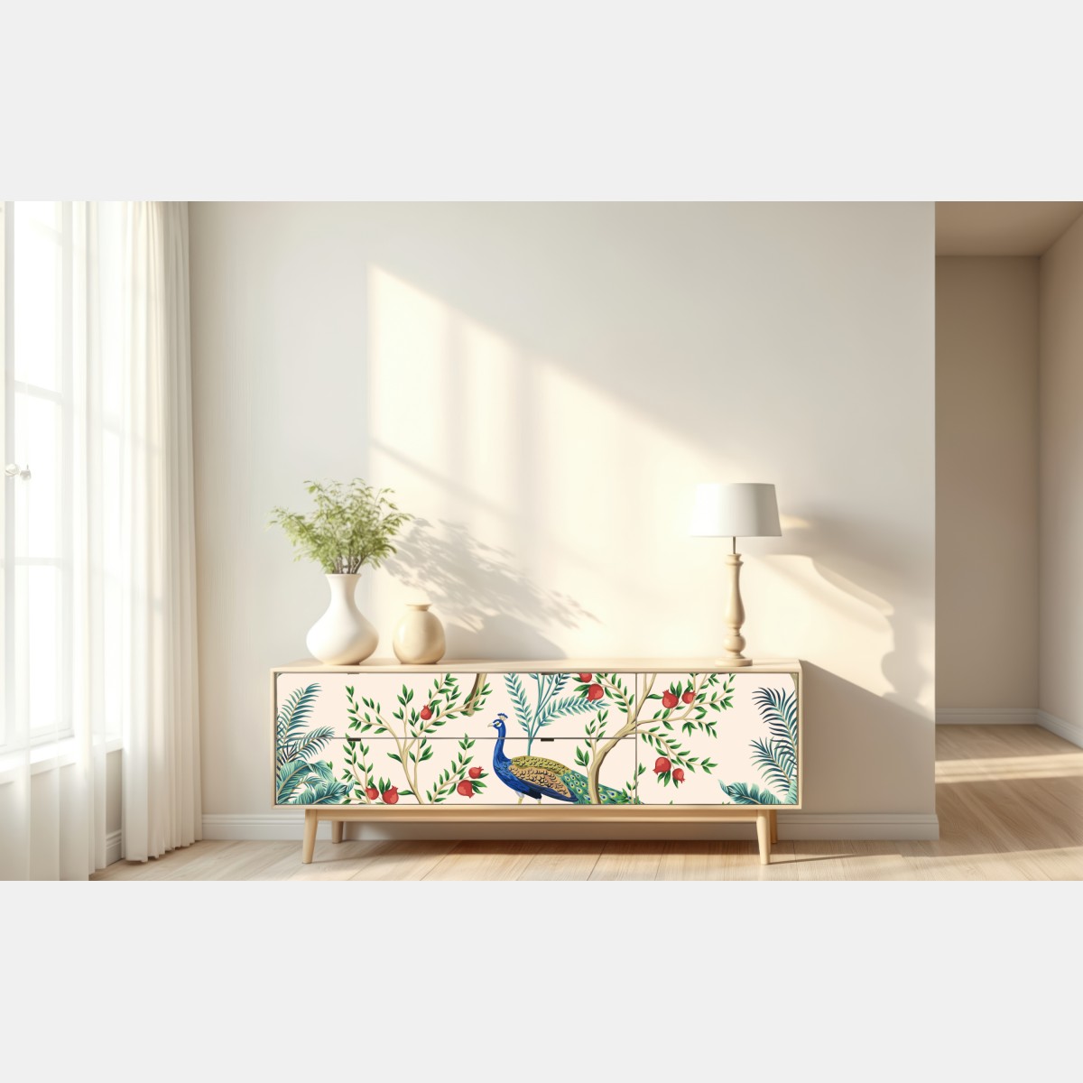 Naklejka repozycjonowalna paw wśród gałęzi granatu – Wallissimo® Naklejka repozycjonowalna paw wśród gałęzi granatu – Wallissimo®