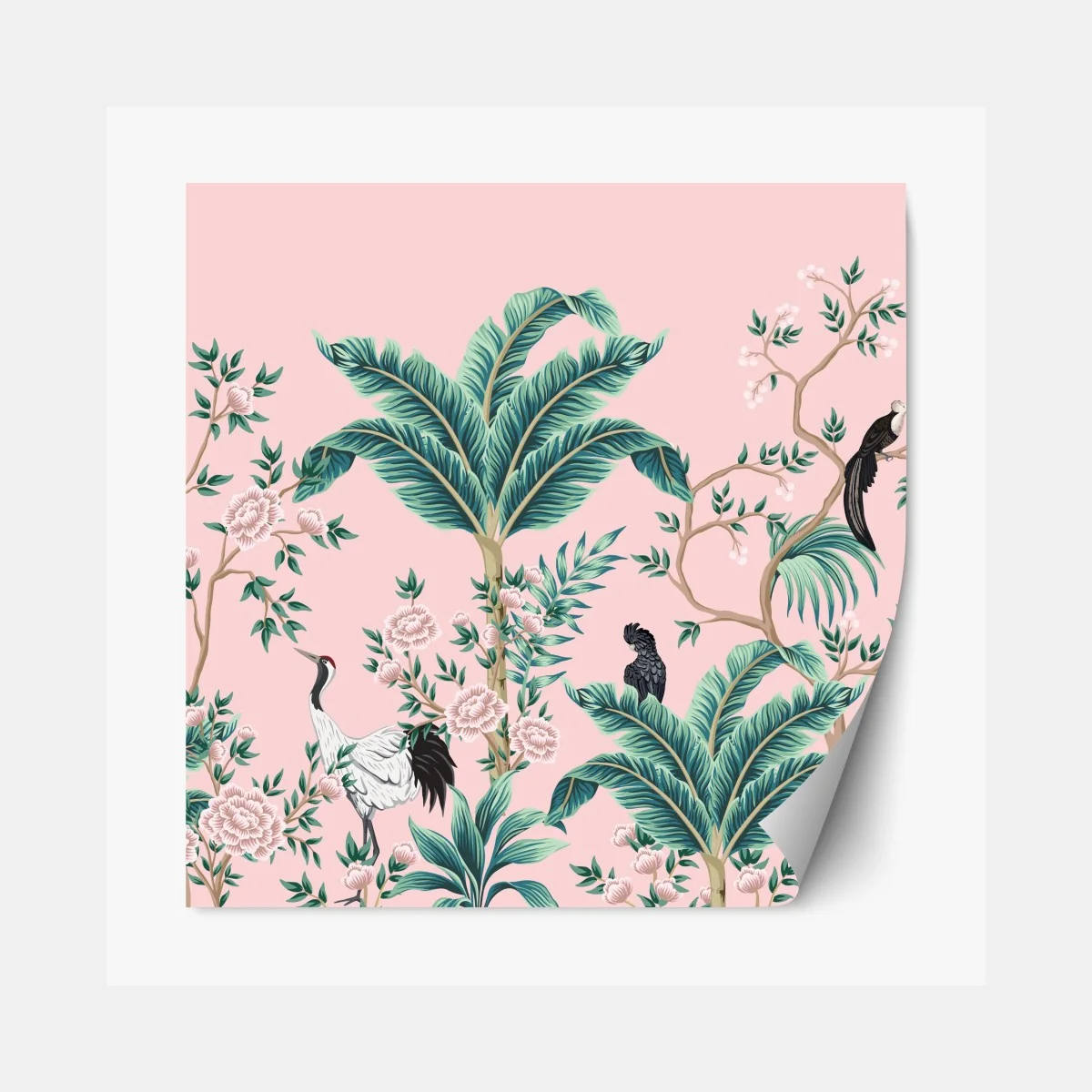 Naklejka repozycjonowalna pastelowy tropikalny wzór botaniczny z żurawiami – Wallissimo® Naklejka repozycjonowalna pastelowy tropikalny wzór botaniczny z żurawiami – Wallissimo®