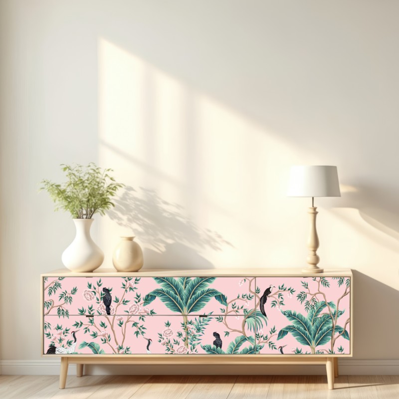 Naklejka repozycjonowalna pastelowy tropikalny wzór botaniczny z żurawiami – Wallissimo® Naklejka repozycjonowalna pastelowy tropikalny wzór botaniczny z żurawiami – Wallissimo®