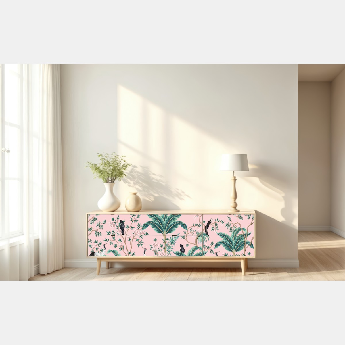 Naklejka repozycjonowalna pastelowy tropikalny wzór botaniczny z żurawiami – Wallissimo® Naklejka repozycjonowalna pastelowy tropikalny wzór botaniczny z żurawiami – Wallissimo®