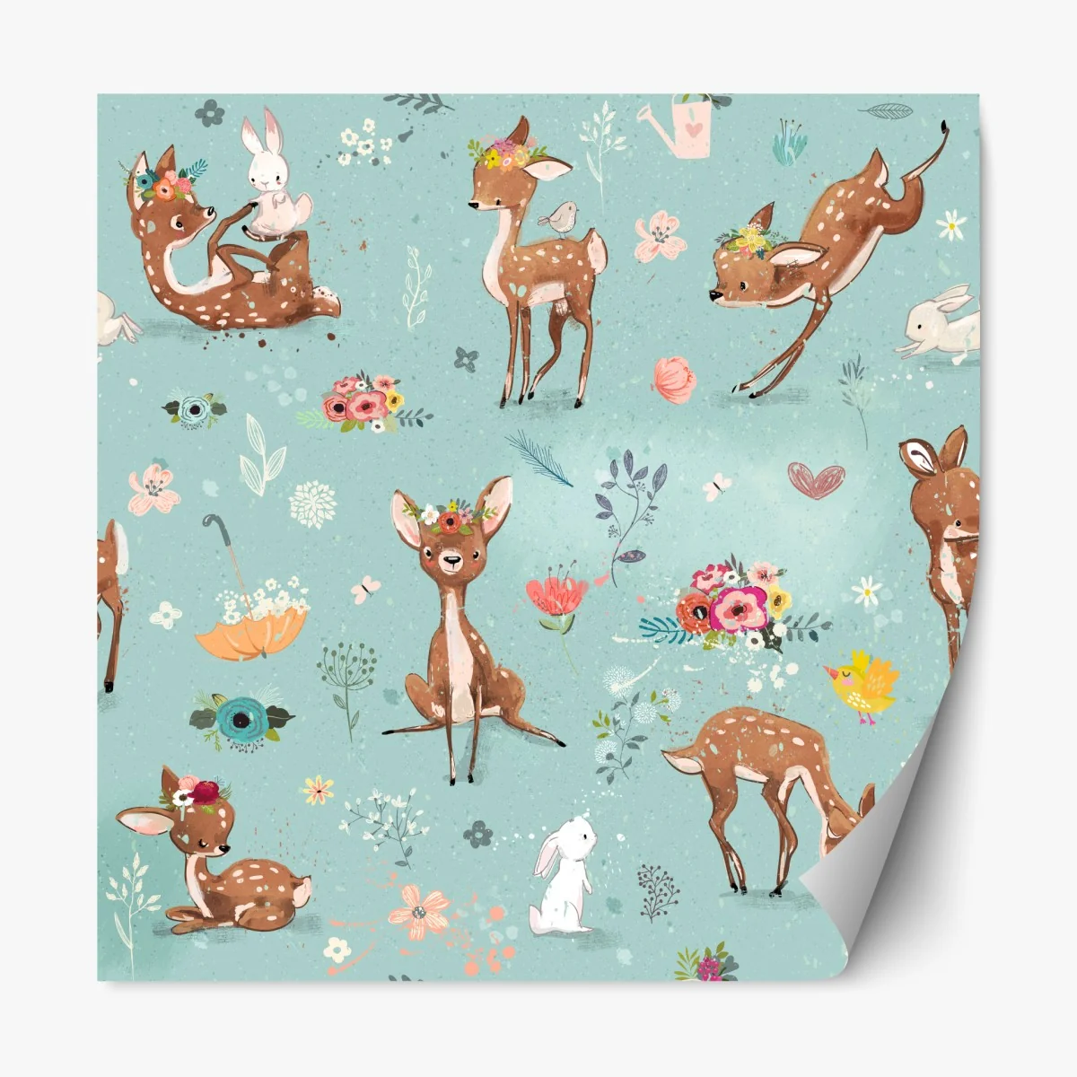 Naklejka repozycjonowalna pastelowy wzór leśnych sarenek i królików – Wallissimo® Naklejka repozycjonowalna pastelowy wzór leśnych sarenek i królików – Wallissimo®
