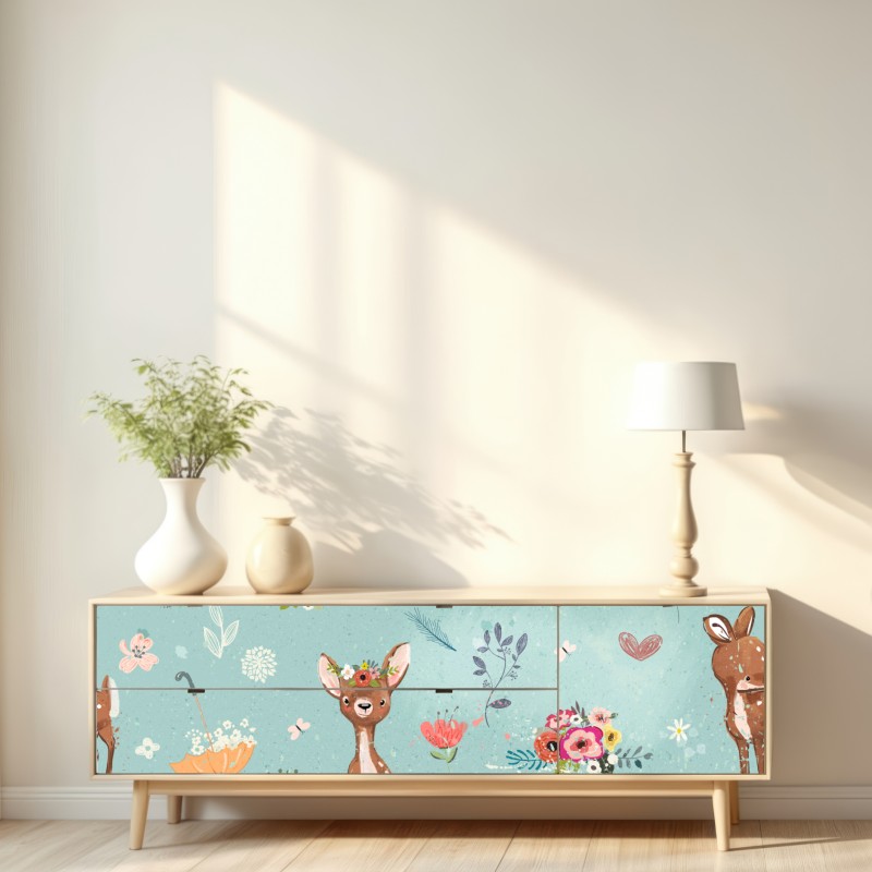 Naklejka repozycjonowalna pastelowy wzór leśnych sarenek i królików – Wallissimo® Naklejka repozycjonowalna pastelowy wzór leśnych sarenek i królików – Wallissimo®
