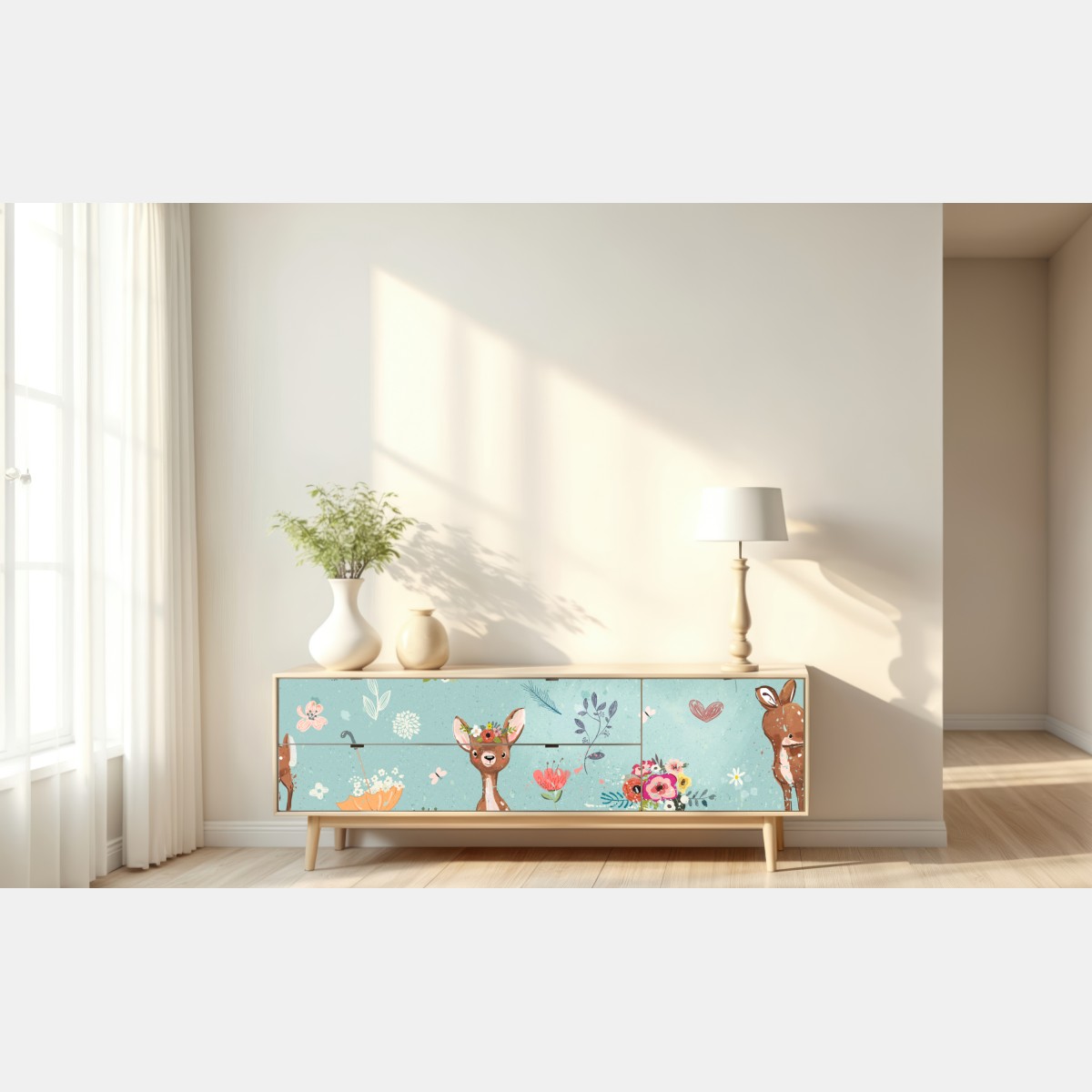 Naklejka repozycjonowalna pastelowy wzór leśnych sarenek i królików – Wallissimo® Naklejka repozycjonowalna pastelowy wzór leśnych sarenek i królików – Wallissimo®