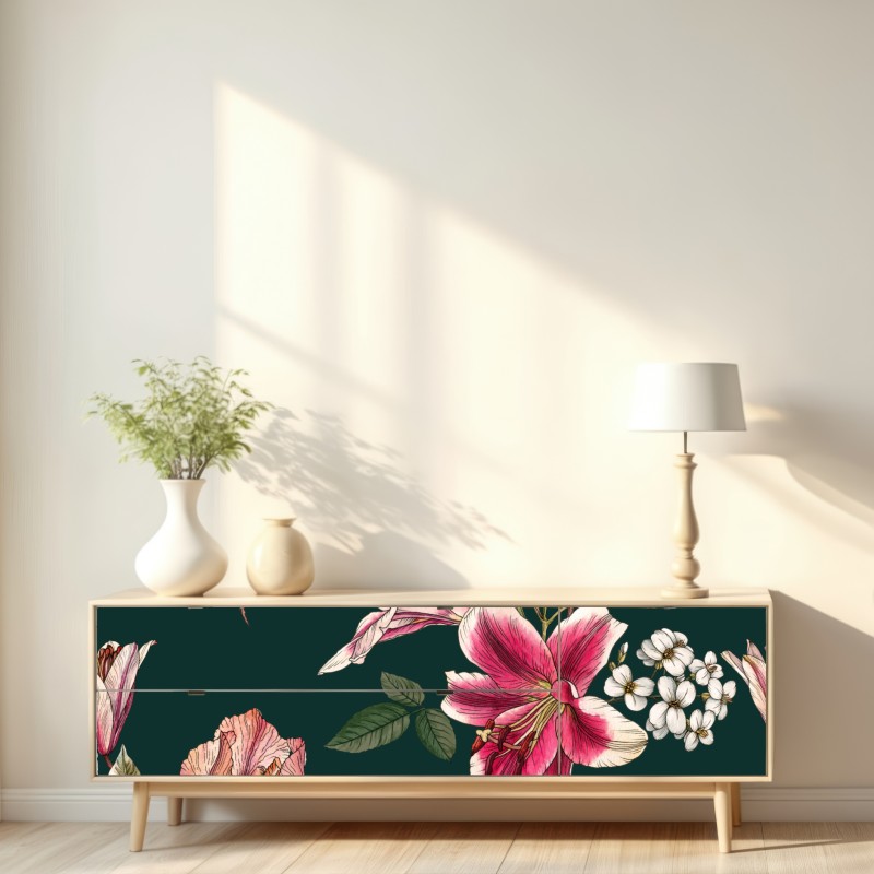 Naklejka repozycjonowalna vintage botaniczny wzór kwiatowy na głębokiej zieleni – Wallissimo® Naklejka repozycjonowalna vintage botaniczny wzór kwiatowy na głębokiej zieleni – Wallissimo®